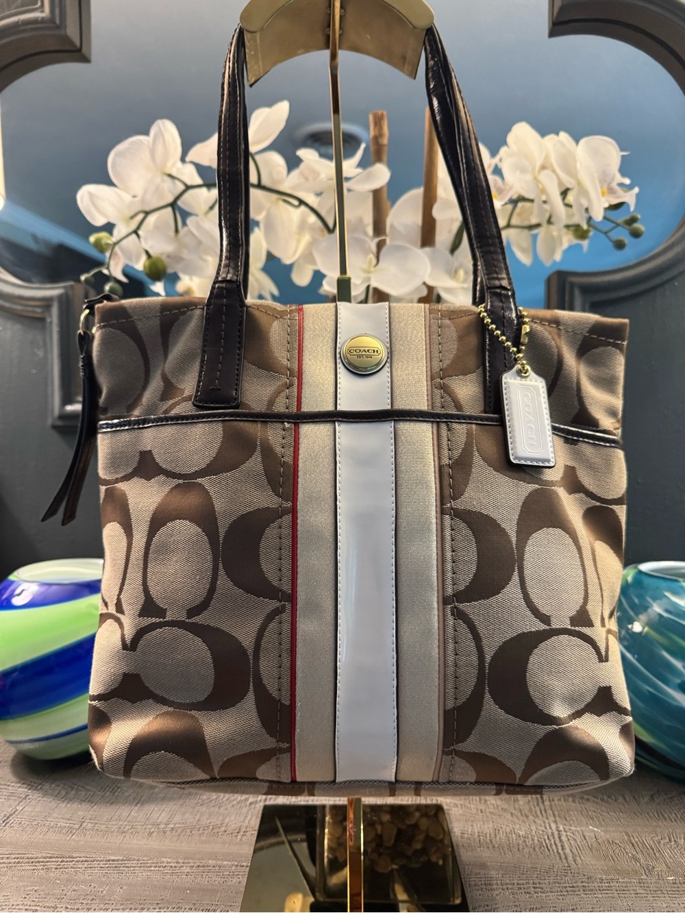 Coach Brown Signature Tote with Cream, Metallic & Red Center EUC